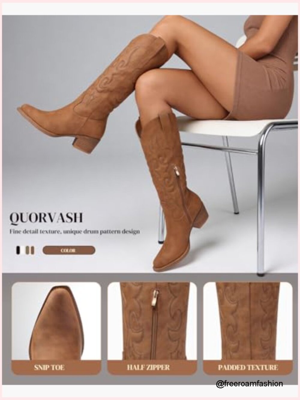 Knee High Wide Calf Cowgirl Boots with Chunky Heel Snip Toe Side Zipper - Picture 4 of 7